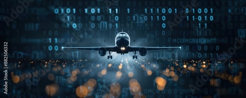 Airplane on runway with digital data background highlighting technology in aviation and transportation.