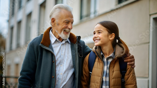 Portrait of a smiling senior man and his granddaughter walking in the city