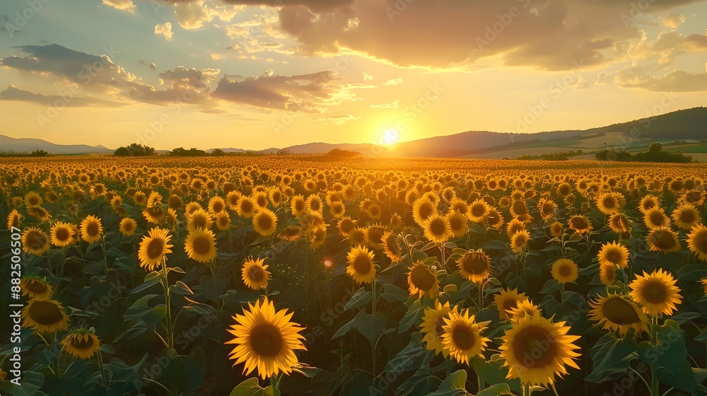 Fototapeta premium landscape of vast agricultural field with blooming yellow sunflowers in summer countryside during sunset. 