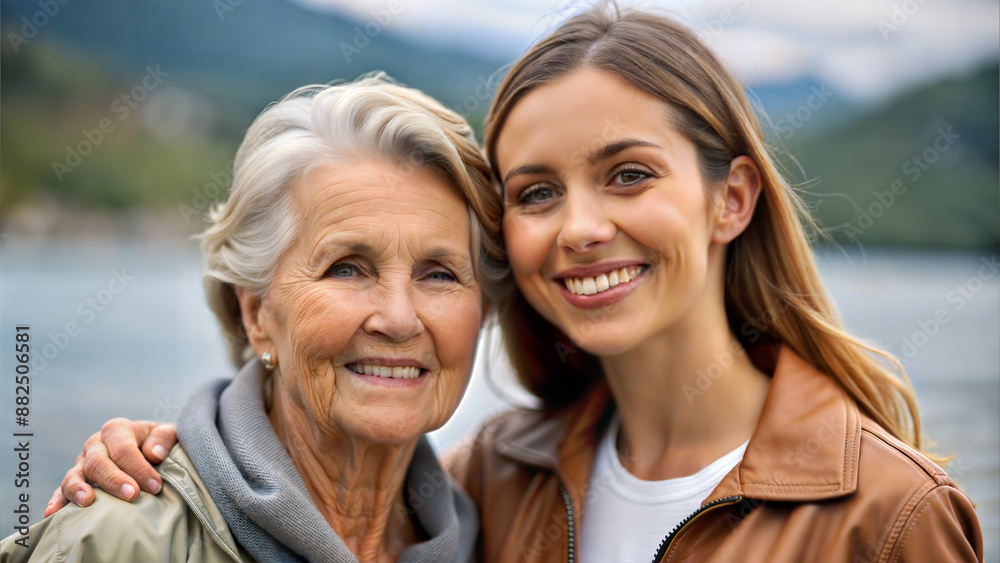 Senior woman with her adult daughter on a walk in the mountains. Senior woman with her adult daughter on a walk in the mountains.