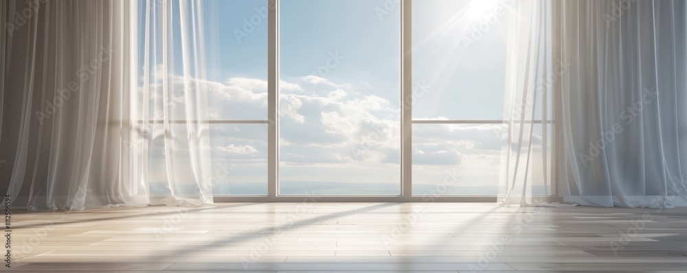 Fototapeta premium Bright and spacious room with large windows, sheer curtains, and ocean view, bathed in natural sunlight.