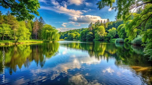 Serene lake surrounded by lush trees, lake, water, reflection, tranquility, peaceful, nature, landscape, trees, forest, greenery