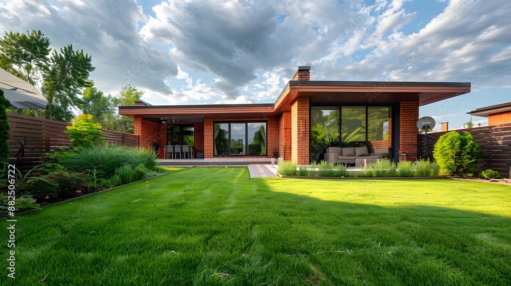 Grassy lawn with lush plants growing in backyard of modern brick house against cloudy sky in daytime. Grassy lawn with lush plants growing in backyard of modern brick house against cloudy sky in daytime.
