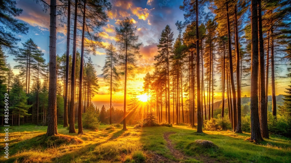 Obraz premium Vibrant sunset casting warm glow on trees in a peaceful forest , sunset, forest, golden hour, trees, nature, sun rays