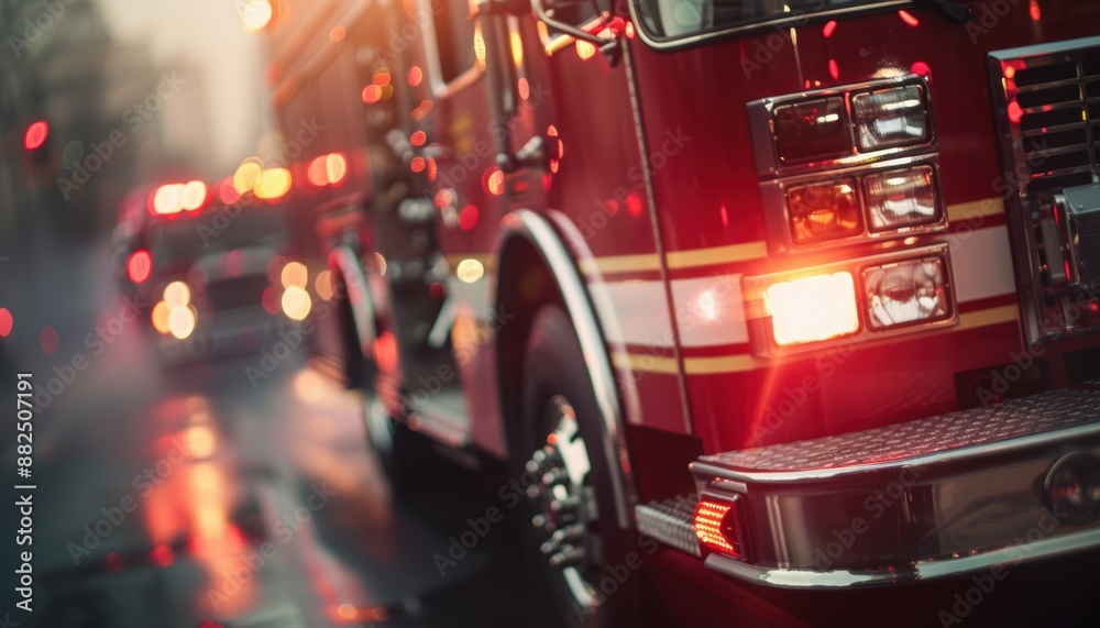 Fire truck rushing through a rainy urban street at dusk, emergency response in action. Fire truck rushing through a rainy urban street at dusk, emergency response in action.