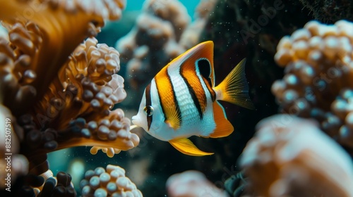 Peaceful fish resting under the cover of coral reefs, showcasing an inactive state in a vibrant underwater world