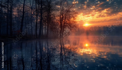 Scenic view of beautiful sunrise or dawn over a pond or lake