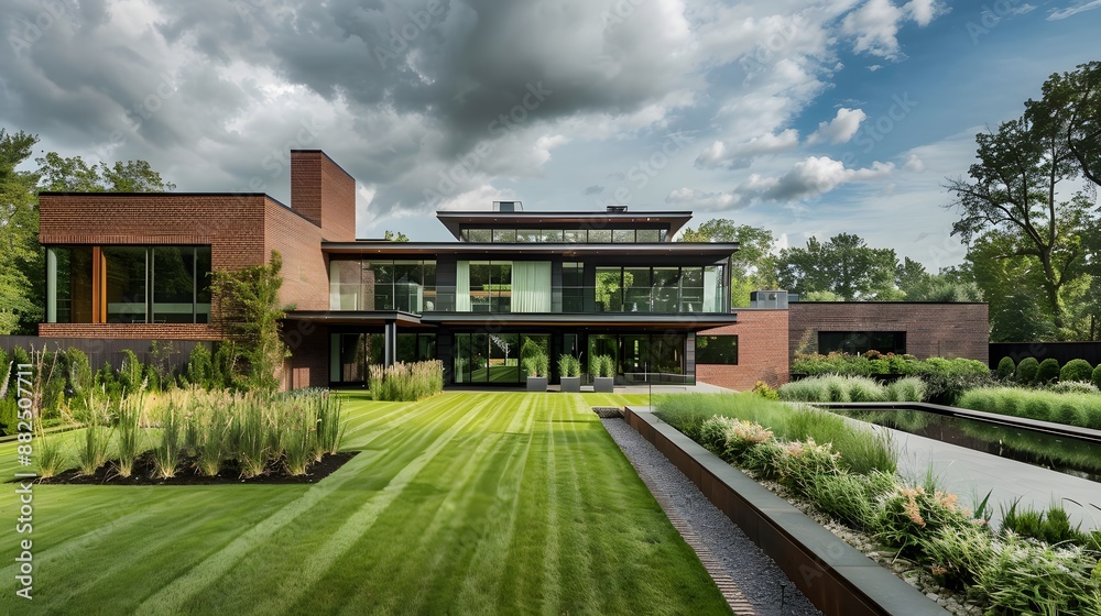 Grassy lawn with lush plants growing in backyard of modern brick house against cloudy sky in daytime. Grassy lawn with lush plants growing in backyard of modern brick house against cloudy sky in daytime.