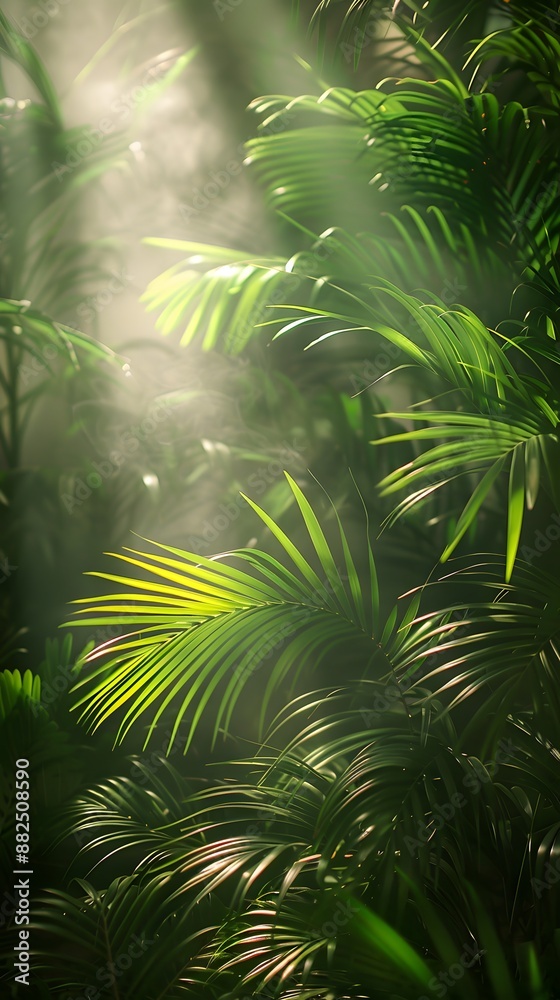 Lush foliage of a tropical jungle with bright sunlight streaming through the canopy Lush foliage of a tropical jungle with bright sunlight streaming through the canopy