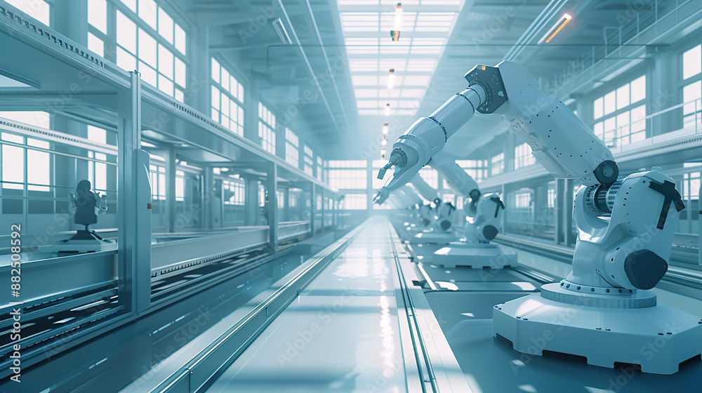 Fototapeta premium Industrial robots on the modern factory floor