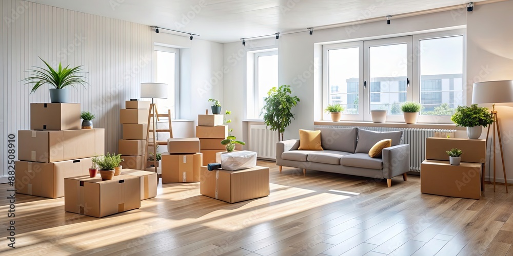 Spacious living room with boxes during moving day, moving day, spacious, living room, boxes, furniture, relocation, interior Spacious living room with boxes during moving day, moving day, spacious, living room, boxes, furniture, relocation, interior