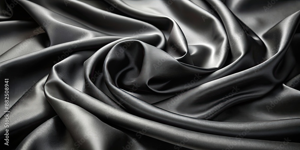 Fototapeta premium Smooth black satin fabric with soft folds on dark background , satin, fabric, background, black, silk, cloth, material, smooth, shiny