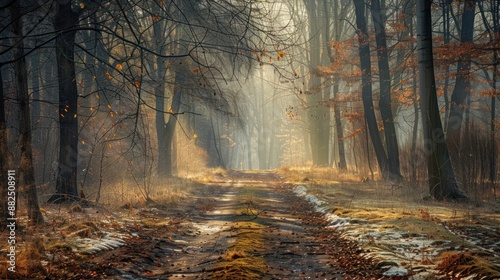 Sunlit Path Through a Misty Forest