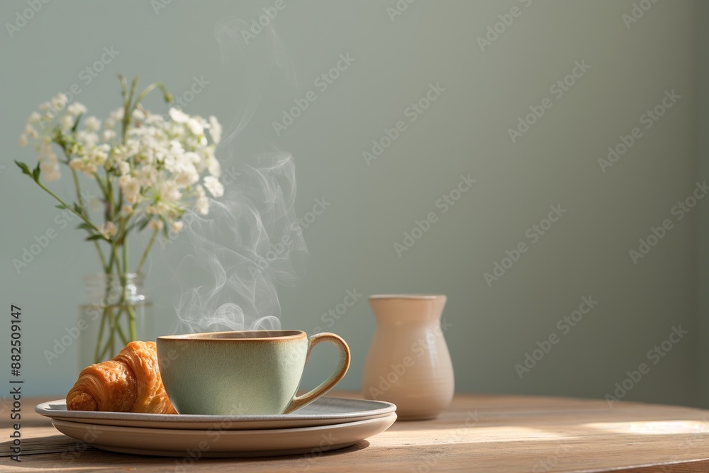 Cup of coffee is steaming on a table next to a croissant and a vase of flowers. The sun is shining through the window, creating a warm and inviting atmosphere Cup of coffee is steaming on a table next to a croissant and a vase of flowers. The sun is shining through the window, creating a warm and inviting atmosphere