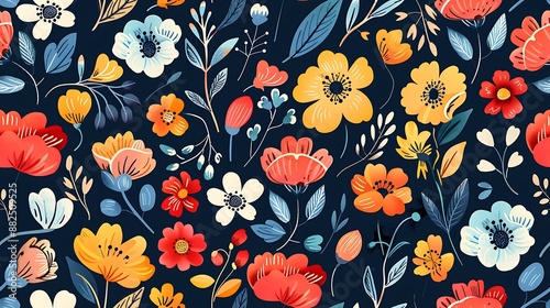 Handpainted floral seamless pattern with colorful flowers and leaves on dark blue background