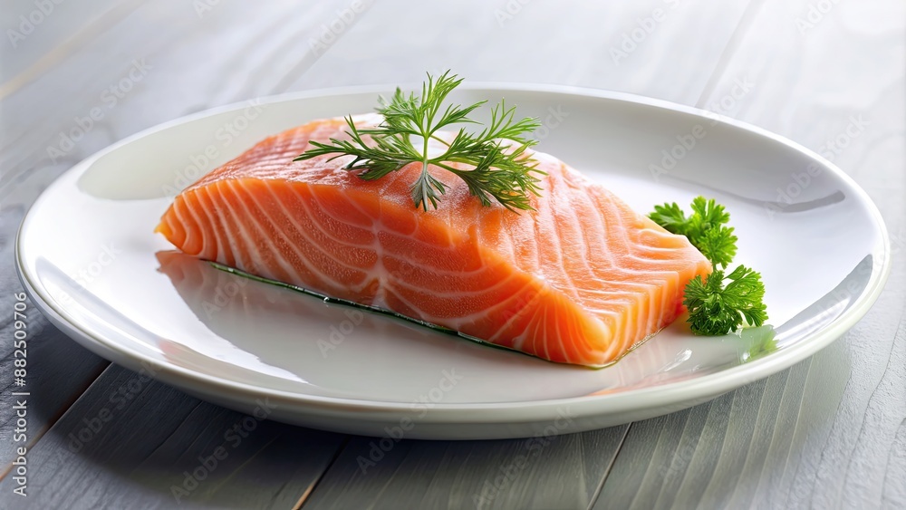 Fresh slice of salmon on a white plate , seafood, raw, gourmet, healthy, food, culinary, cuisine, cooking, fillet, delicious Fresh slice of salmon on a white plate , seafood, raw, gourmet, healthy, food, culinary, cuisine, cooking, fillet, delicious
