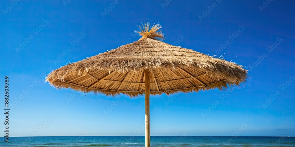 Straw beach umbrella blowing in the wind against a clear blue sky , beach, umbrella, straw, wind, clear sky, sun, outdoor Straw beach umbrella blowing in the wind against a clear blue sky , beach, umbrella, straw, wind, clear sky, sun, outdoor