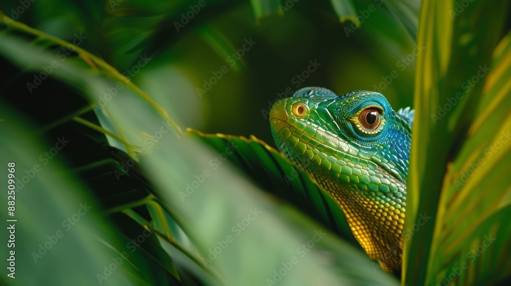 Obraz premium Vibrant reptile in a lush rainforest terrain, showcasing distinctive traits such as colorful scales and keen eyesight, amidst the greenery