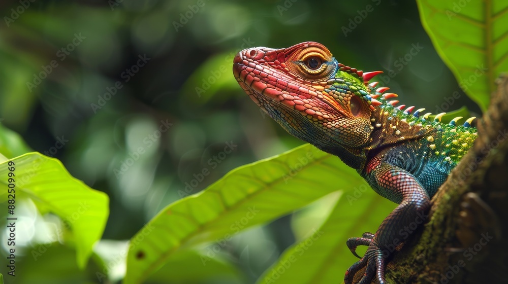 Obraz premium Vibrant reptile in a lush rainforest terrain, showcasing distinctive traits such as colorful scales and keen eyesight, amidst the greenery
