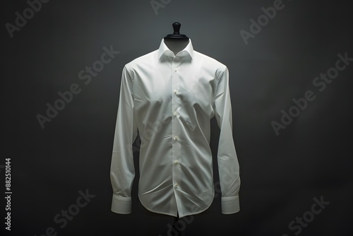 Formal white dress shirt on an invisible mannequin, dark grey background, soft and professional lighting photo