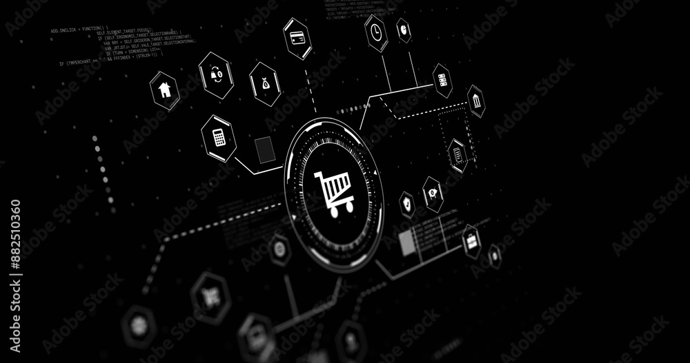 Fototapeta premium Digital shopping cart icon connecting various financial services and applications