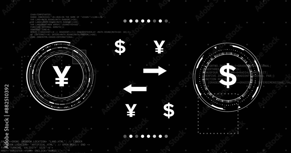 Obraz premium Exchanging digital currency between yen and dollar, futuristic financial technology concept
