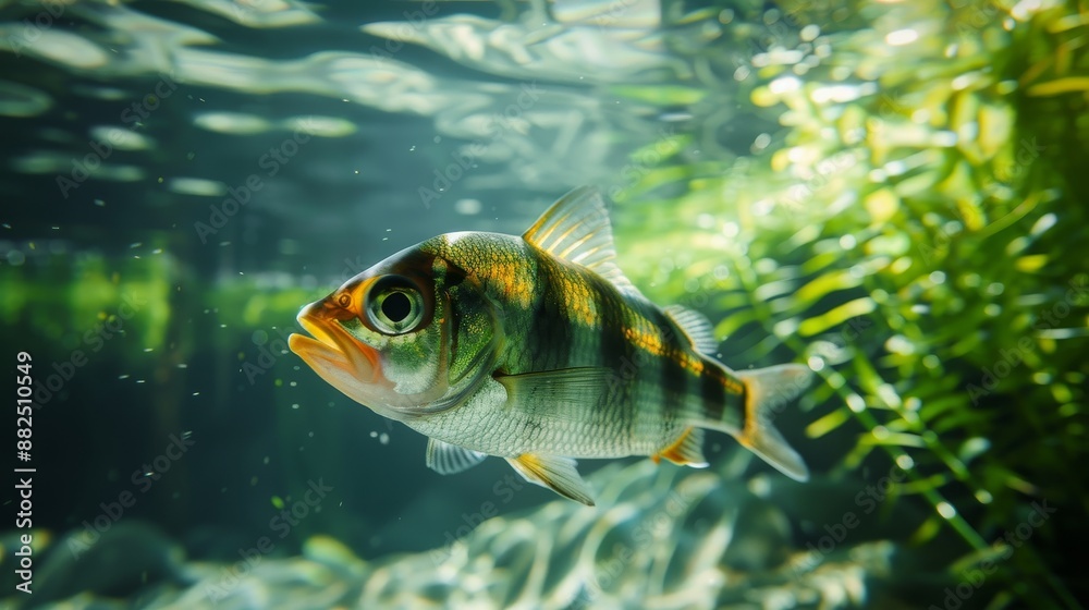 Underwater view of fish exhibiting their habits, swimming freely in a wilderness lake, surrounded by aquatic plants and natural beauty Underwater view of fish exhibiting their habits, swimming freely in a wilderness lake, surrounded by aquatic plants and natural beauty