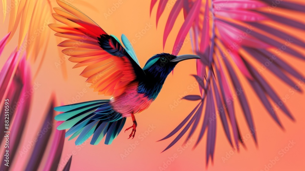 Fototapeta premium Vibrant bird adapting to a changing habitat, surrounded by altered landscapes, symbolizing resilience and environmental shifts