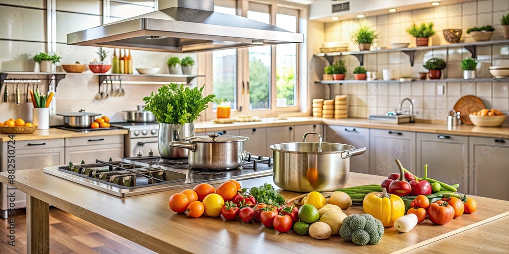 Kitchen interior with pots and fruits on the counter, oven in the background
