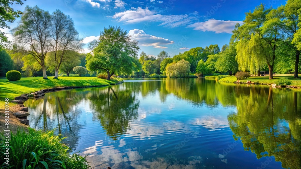 Tranquil lake nestled in a serene park setting, scenic, peaceful, water, reflection, nature, landscape, trees, greenery Tranquil lake nestled in a serene park setting, scenic, peaceful, water, reflection, nature, landscape, trees, greenery