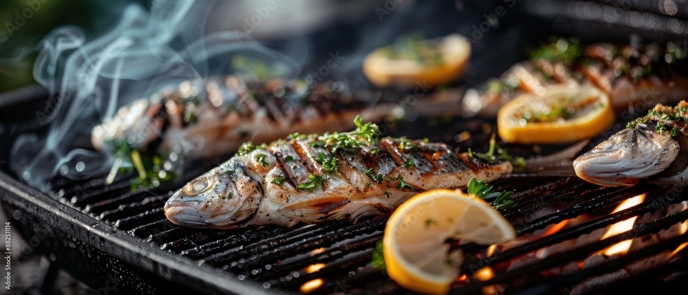 Grilled fish garnished with herbs and lemon slices on a charcoal grill, emitting smoke, showcasing delicious outdoor barbecue cooking. Grilled fish garnished with herbs and lemon slices on a charcoal grill, emitting smoke, showcasing delicious outdoor barbecue cooking.