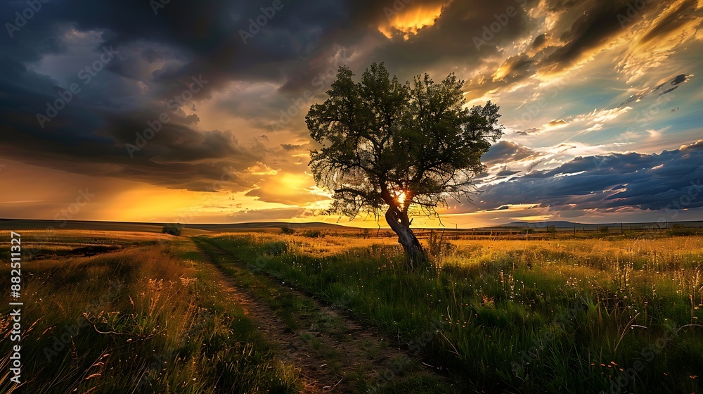 Obraz premium Sunset over the lonely tree in the middle of the vast prairie field