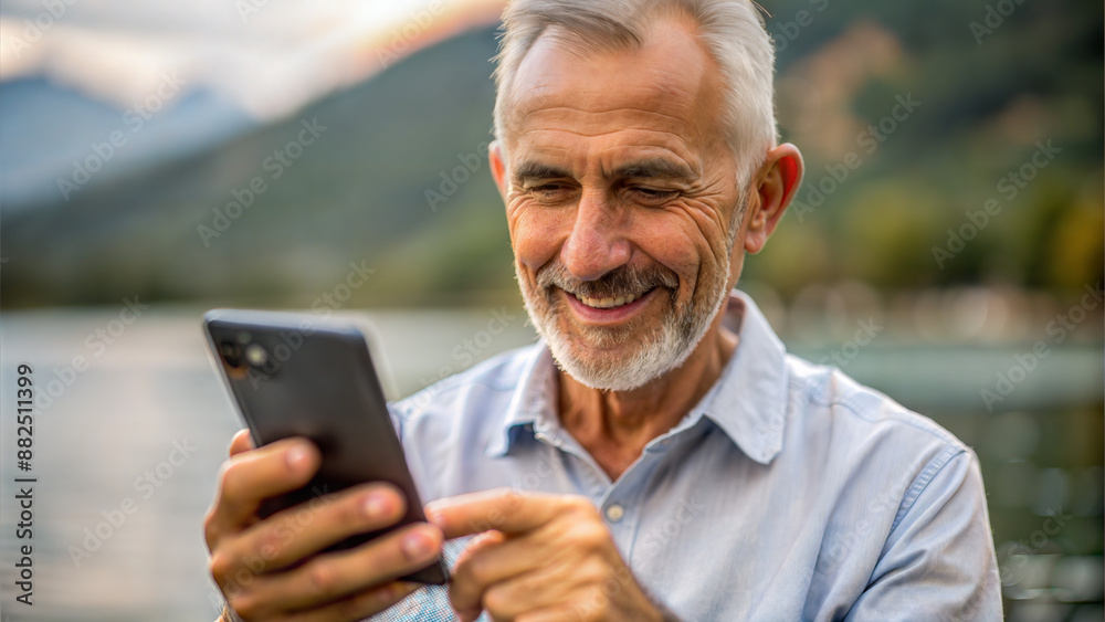 Portrait of a senior man using his mobile phone on a lake Portrait of a senior man using his mobile phone on a lake