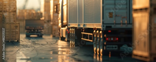 Logistics hub with shipping trucks and cargo containers under golden evening light, showcasing transport and freight operations. © narak0rn