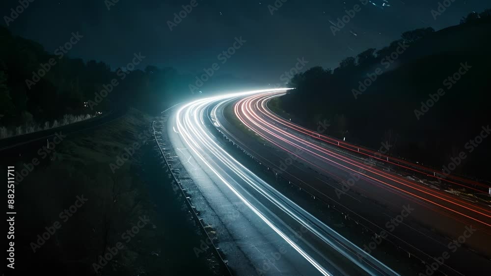 The curves of the parkway are illuminated by a stream of white light trails. The curves of the parkway are illuminated by a stream of white light trails.