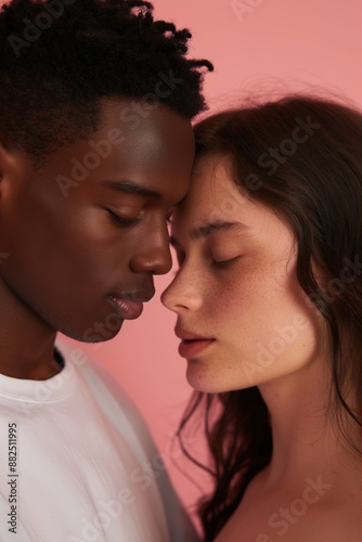 Young interracial couple standing close to each other with their eyes closed on a pink background, embodying love, intimacy, and connection