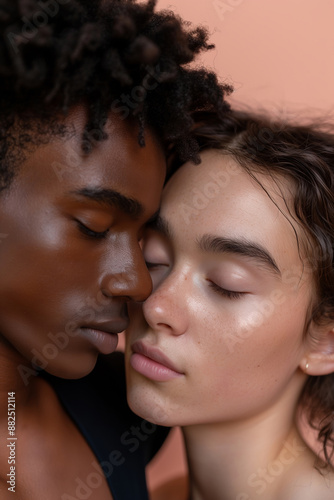 Couple gently touching foreheads, eyes closed, showing love and tenderness. Faces full of emotion, reflecting harmony and togetherness. Portrait of love and unity