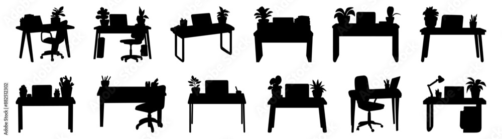 Desk table silhouette set vector design big pack of illustration and icon Desk table silhouette set vector design big pack of illustration and icon