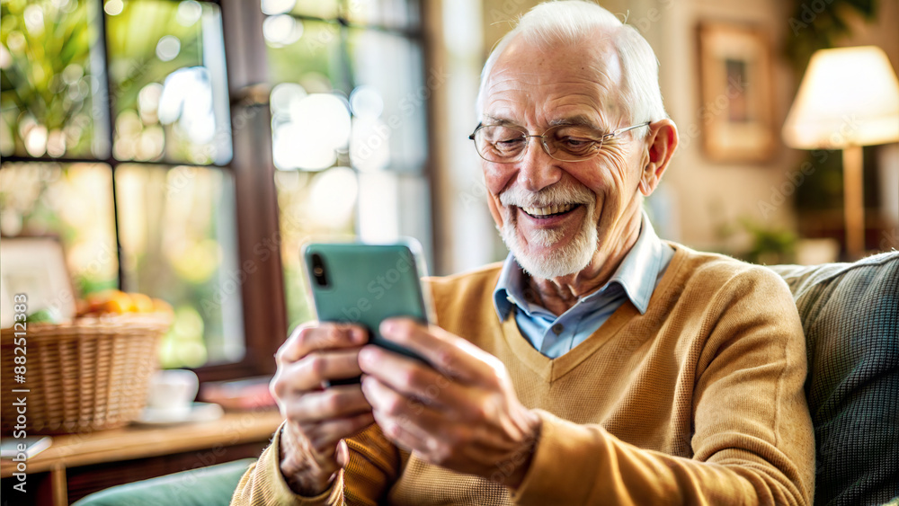 Senior man using mobile phone in the living room at home. Senior people and technology concept. Senior man using mobile phone in the living room at home. Senior people and technology concept.
