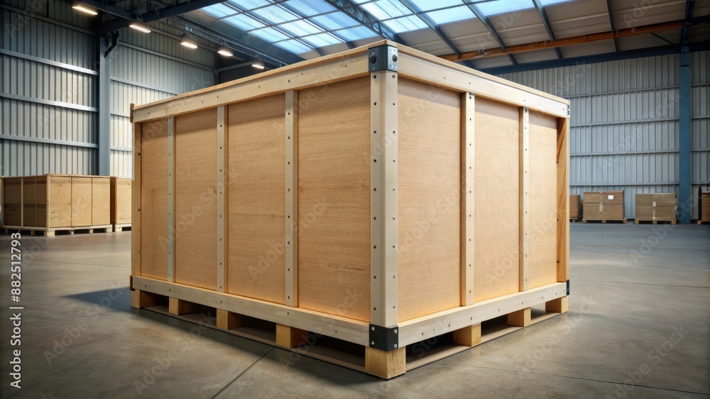 A wooden box is sitting in a warehouse