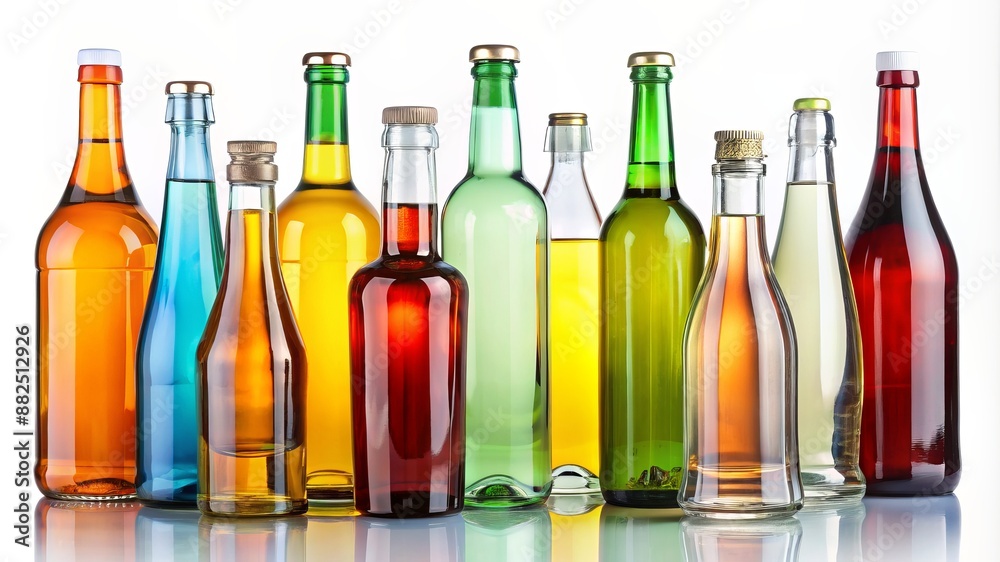 A row of glass bottles and jars of various shapes and sizes A row of glass bottles and jars of various shapes and sizes