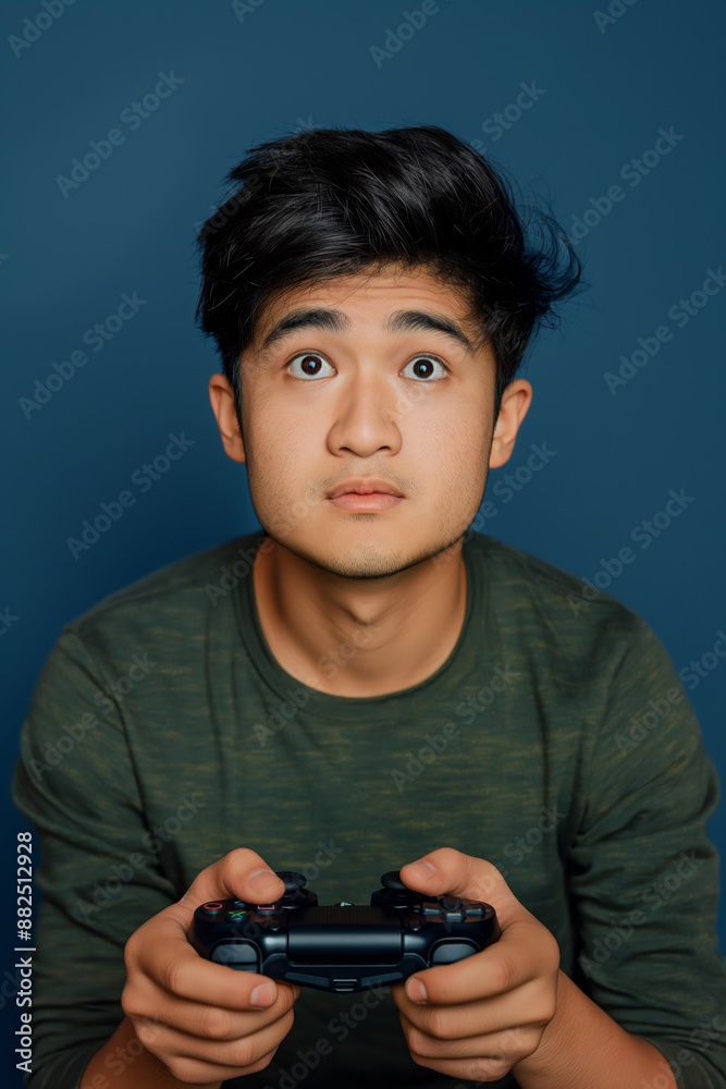 Young man holding a video game controller is looking up with a surprised expression, suggesting he is deeply engrossed in the game Young man holding a video game controller is looking up with a surprised expression, suggesting he is deeply engrossed in the game
