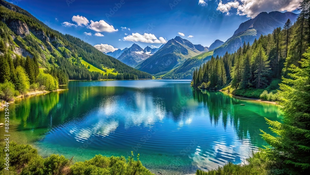 Scenic mountain lake surrounded by lush greenery and clear blue skies, mountain, lake, nature, landscape, tranquil, serene Scenic mountain lake surrounded by lush greenery and clear blue skies, mountain, lake, nature, landscape, tranquil, serene