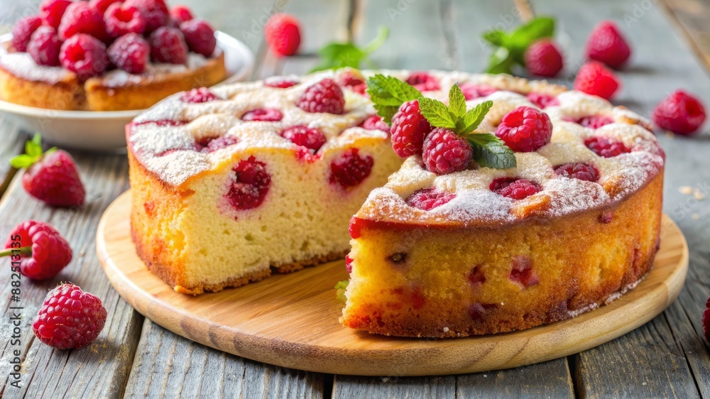 A slice of cake with raspberries and mint on top A slice of cake with raspberries and mint on top