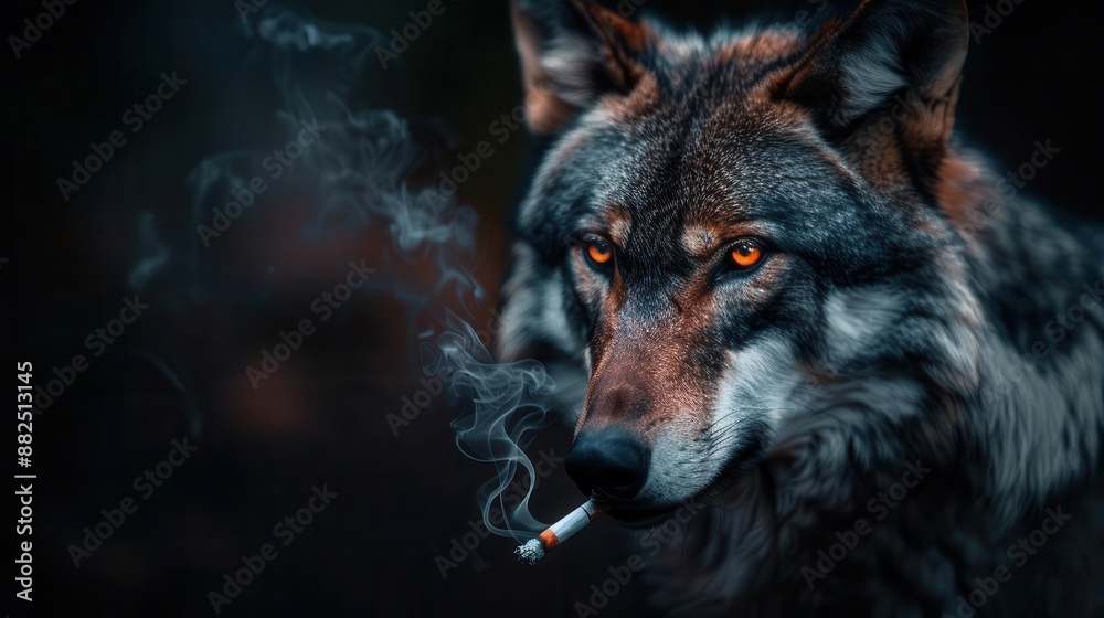 Surreal image of a wolf exhaling smoke from a cigarette, eyes glowing red against a stark black background Surreal image of a wolf exhaling smoke from a cigarette, eyes glowing red against a stark black background