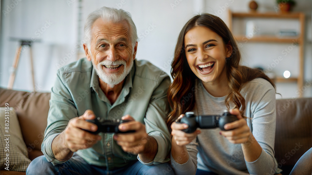 Cheerful young woman and her grandfather playing video games at home Cheerful young woman and her grandfather playing video games at home