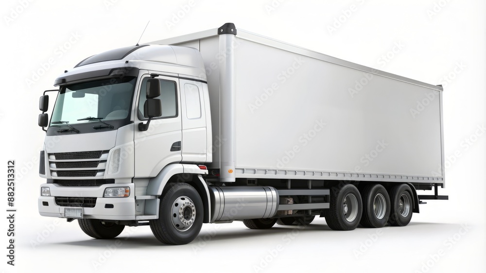 A large white semi truck is parked on a white background A large white semi truck is parked on a white background