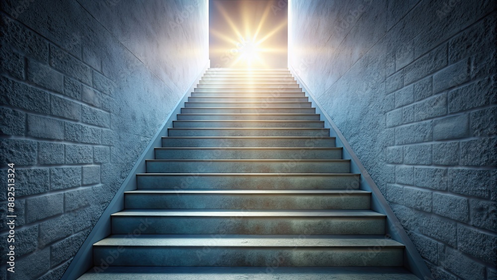 Stairway leading up to a bright light at the top , staircase, ascent, illumination, hope, progress, journey Stairway leading up to a bright light at the top , staircase, ascent, illumination, hope, progress, journey