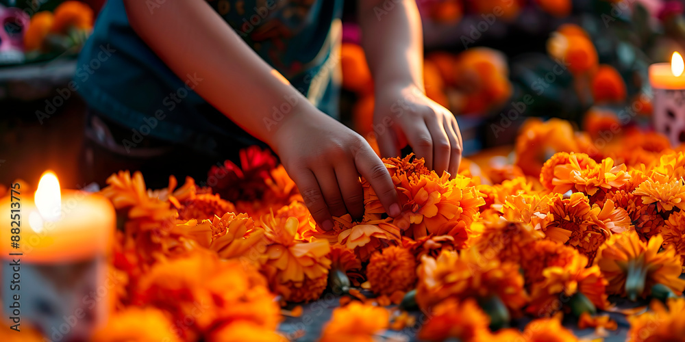 Manos de un niño no reconocible, colocando flores de cempasúchil en altar de día de muertos en México, Manos de un niño no reconocible, colocando flores de cempasúchil en altar de día de muertos en México,