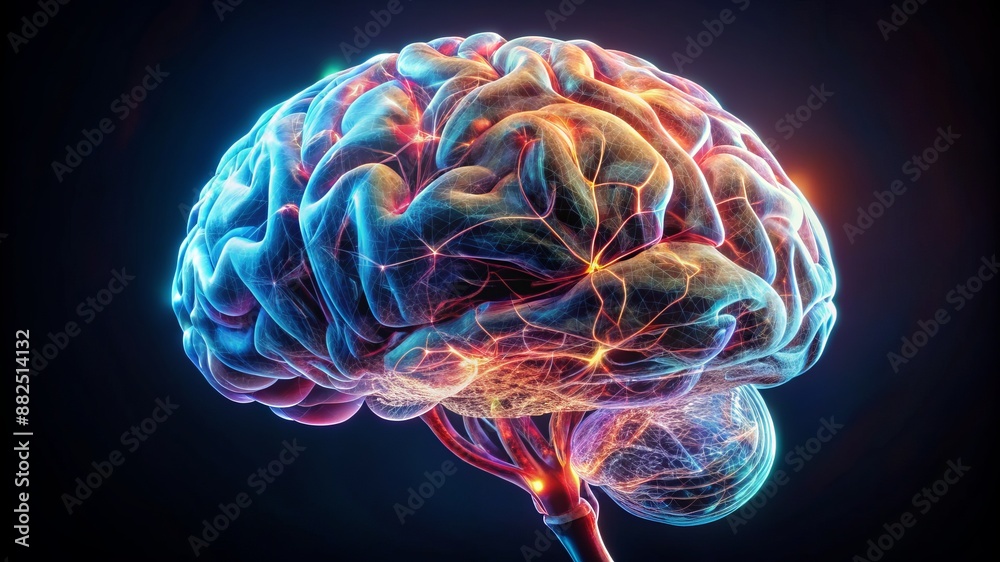A brain with a red and blue glow